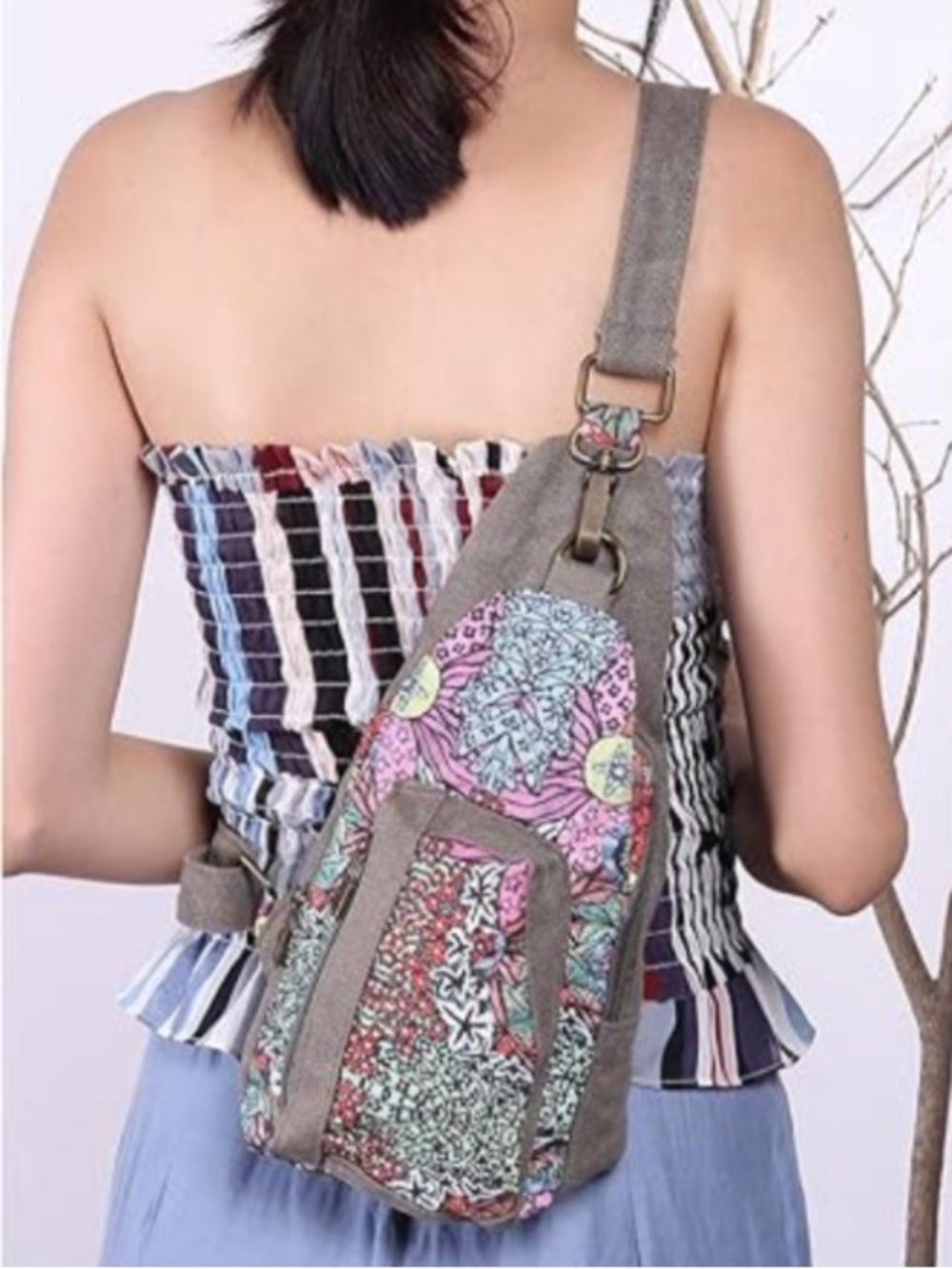 Black Butterfly | Women’s Olive Canvas Multi Floral Paneled Crossbody Bag Purse